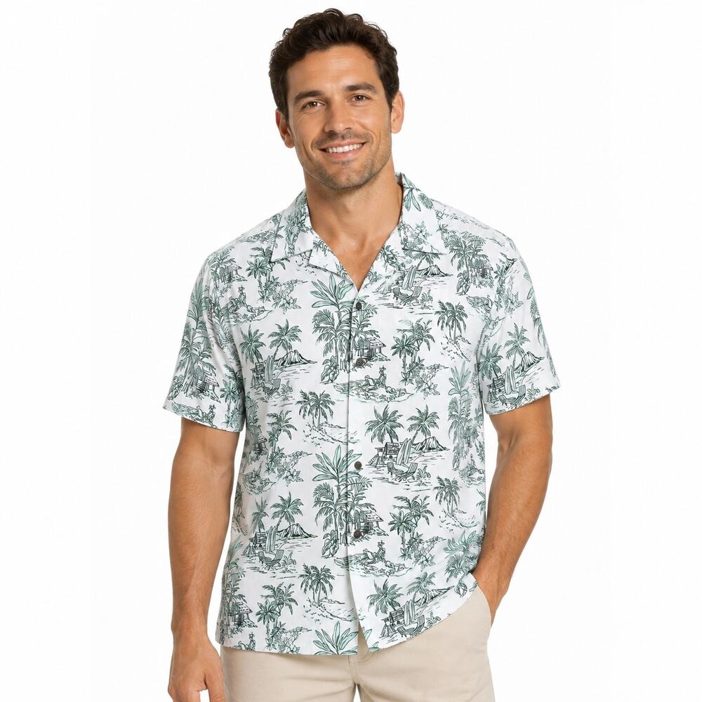 David's Wear Men's White Hawaiian Green Scenic Print Button Front Shirt